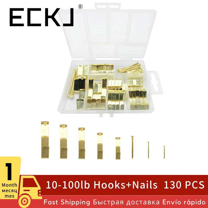 ECKJ 130pcs/Set Gold Hook Picture Hanging Kit with Nails Photo Frame Hanger Tool Hardware Drywall Wooden Painting Art Work 100lb