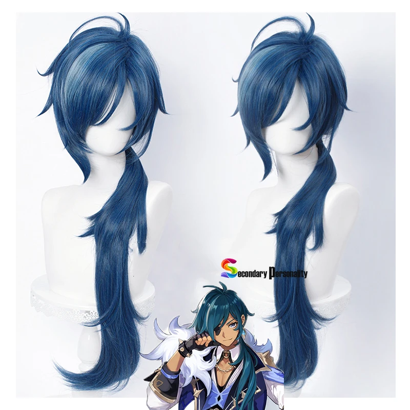 Genshin-Peluca de cabello sintético resistente al calor para hombre, traje de Cosplay de Genshin Impact Kaeya de 80cm de largo, color azul con tinta