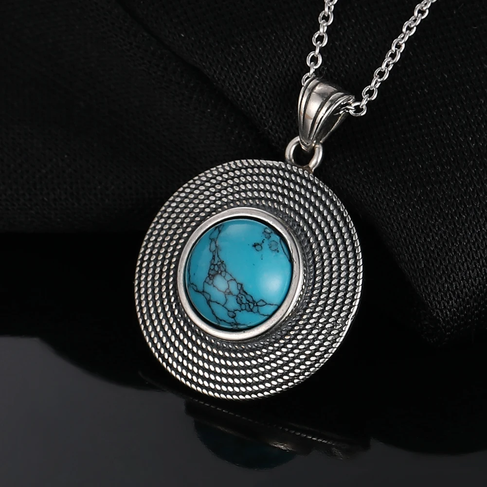 Vintage Silver 925 Stertling Necklace Natural Turquoise Stone Vintage Jewelry for Women Daily Wear Gift