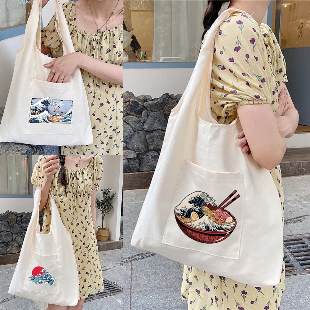 Women's Shopper Shopping Bags Female Canvas Commuter School Vest Bag Cotton Cloth Fabric Grocery Wild Wave Handbags Tote Bag