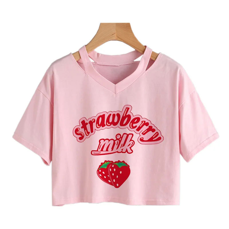 Camiseta Harajuku Kawaii con estampado de leche de fresa para mujer, ropa de calle con cuello en V, Tops cortos Hokkaido de verano, Camisa corta gótica holgada rosa