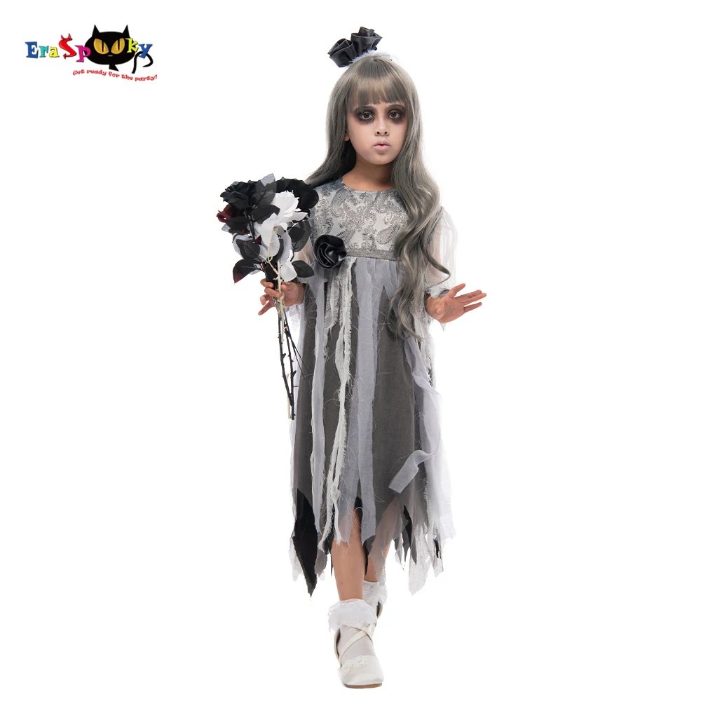 Eraspooky Gothic Girls Ghost Bride Dress Cosplay Halloween Costume For Girl Scary Demon Day of the Dead Festival Fancy Dress