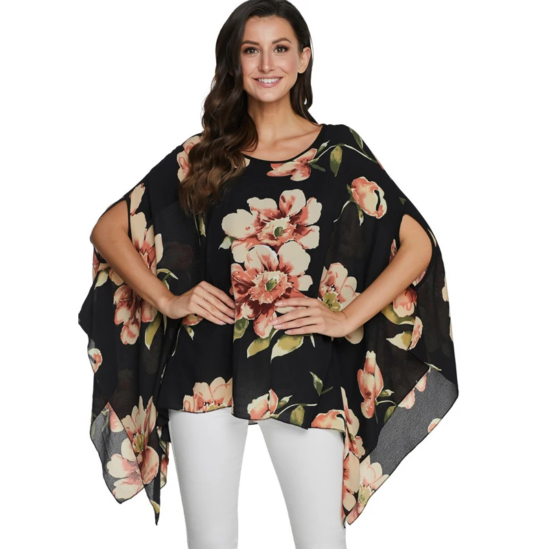 

BHflutter Plus Size Blouse Shirt Women 2020 New Sexy Floral Print Casual Tops Tunics Summer Style Batwing Chiffon Blouses Blusas