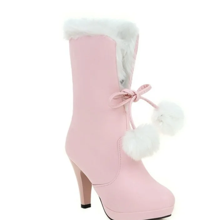 Japanese trend cuffed short boots with fur ball decoration high heel boots sweet and elegant knight boots weet lolita shoes