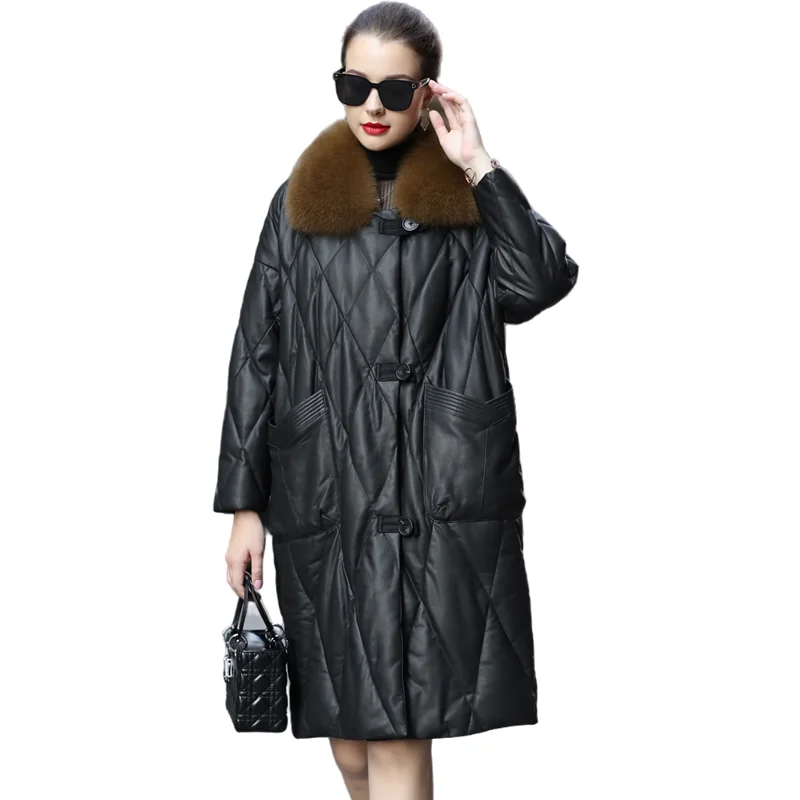 Leather Down Jacket for Women, Medium Length, Loose, Large Sheepskin Coat, Fox Fur Collar, Warm Outerwear, Winter
