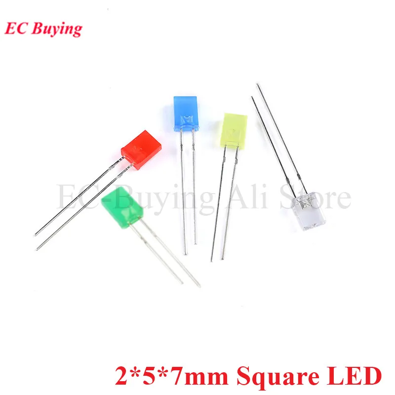 50pcs/lot Square 2*5*7mm Ultra Bright LED Light-emitting Diode 2X5X7mm Red Yellow Green Blue White Mix Diodes for DIY Electronic