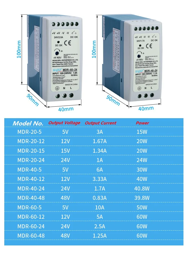 AC/DC Industrial Mini Din Rail Power Supply Switch MDR-10W 20W 40W 60W 100W Single Output Switching 5V 12V 15V 24V 36V48V Source