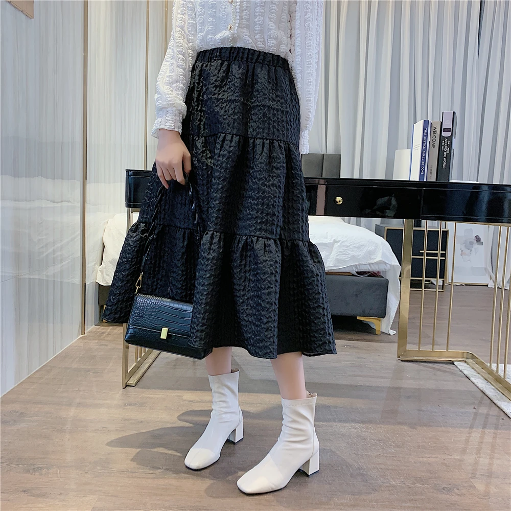 2025 Black Skirt High Quality Jacquard Material Women Solid Color Long Pendulum Skirt Female Modest Classy Skirts With Big Swing