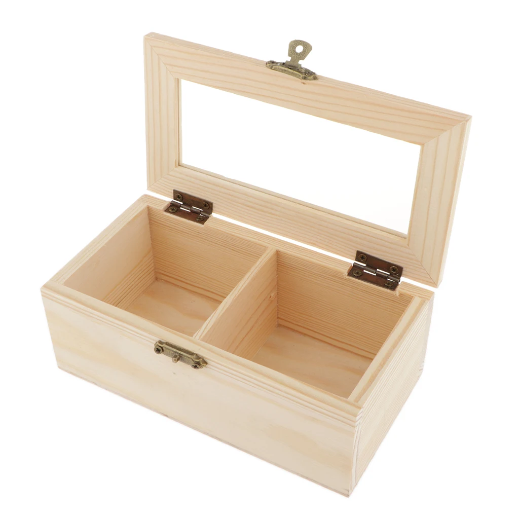 Plain Wooden Jewelry Box Tea Box Organizer Case Storage Box W/ Lock 2 Slots