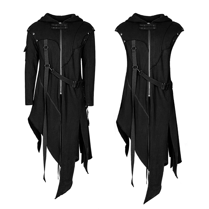 PUNK RAVE Men Darkly Series Punk Black Hooded Jacket Asymmetric Hem Cotton Rayon Spandex Fitted Gothic Coat  Y745