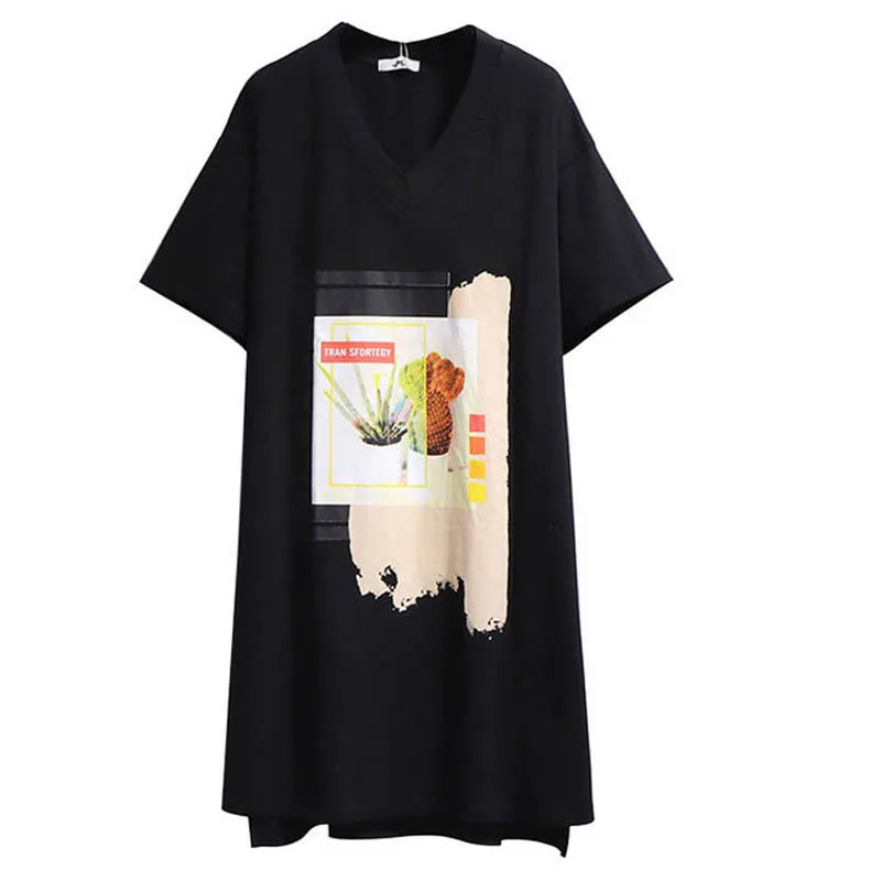 150Kg Plus Size Women\'s Summer Loose Printed V-Neck T-Shirt Dress Bust 155cm 6XL 7XL 8XL 9XL 10XL Front Short Back Long Dress