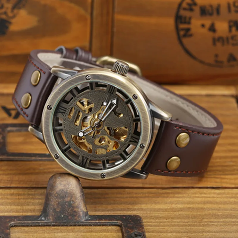 Gorben Brown/Black Leather Strap Automatic Mechanical Watch Skeleton Mens Watch Waterproof Sport Casual Male Wrist Watch