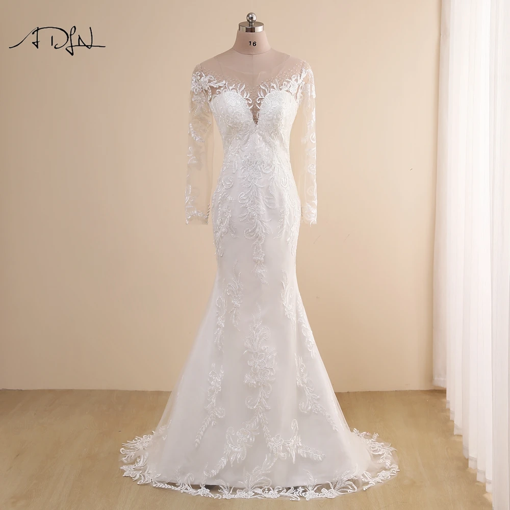 ADLN – robe de mariée sirène en dentelle, col transparent, manches longues, dos transparent, personnalisée, 2021