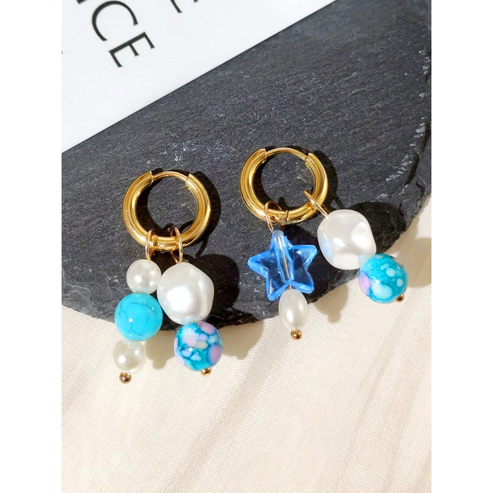 Candy Color Geometric Bead Hoop Earrings For Women Y2K Irregular Asymmetry Huggie Earrings Stainless Steel Jewelry Accessories