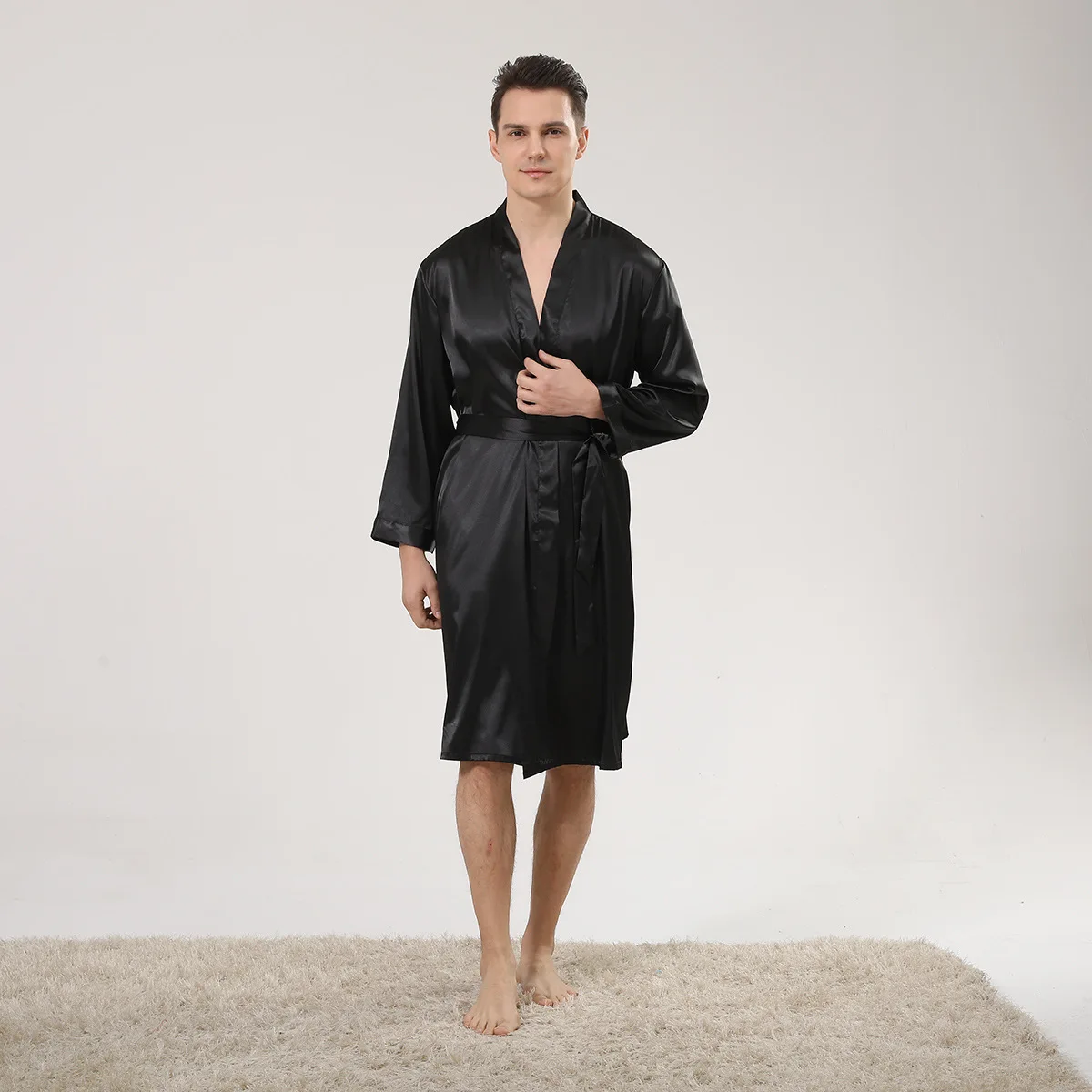 Male Summer New Long Sleeve Robe Suit Silk Satin Homewear Men Loose Casual Bathrobe And Shorts Sleepwear Nighhtwear