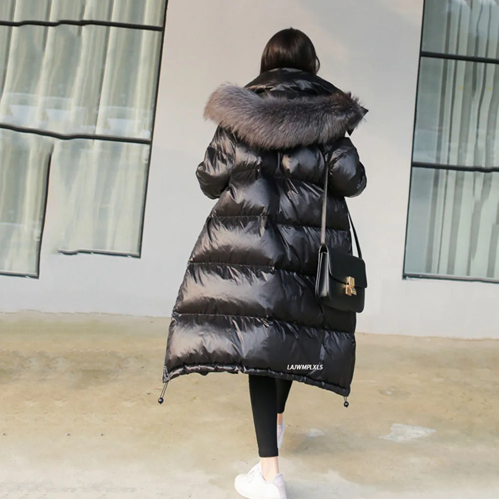 2021 Long Down Jacket Women Winter Black Loose Real Raccoon Fur Hooded Fashion Waterproof Female Duck Down Puffer Coat