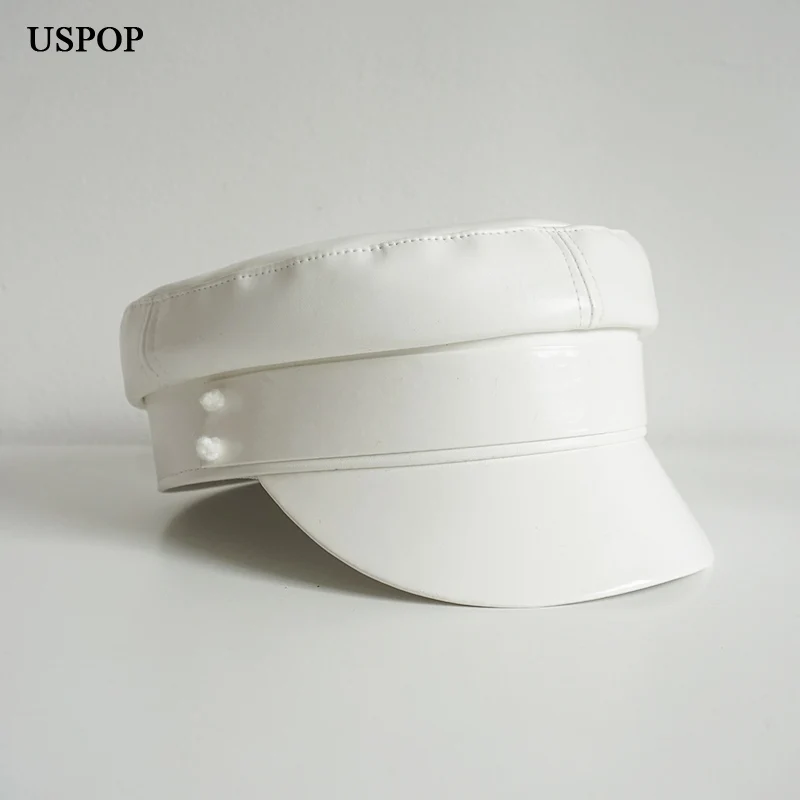 USPOP New Leather PU Newsboy caps Women Flat Visor Cap Solid Color Militray caps S M L