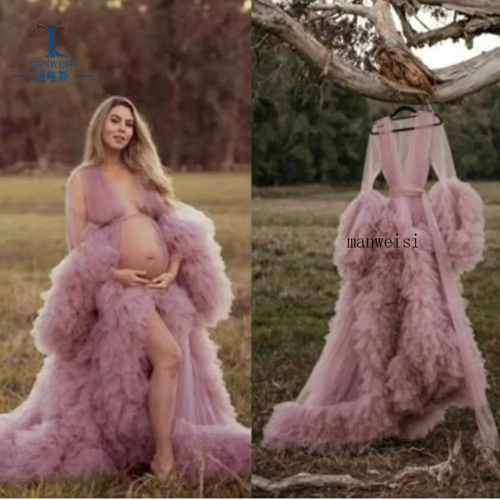 Real Images Maternity Robes Wedding Shawl Pregnant Women Sexy Tulle Bathrobe Dresses Photo Shoot Party Fluffy Baby Shower Gowns