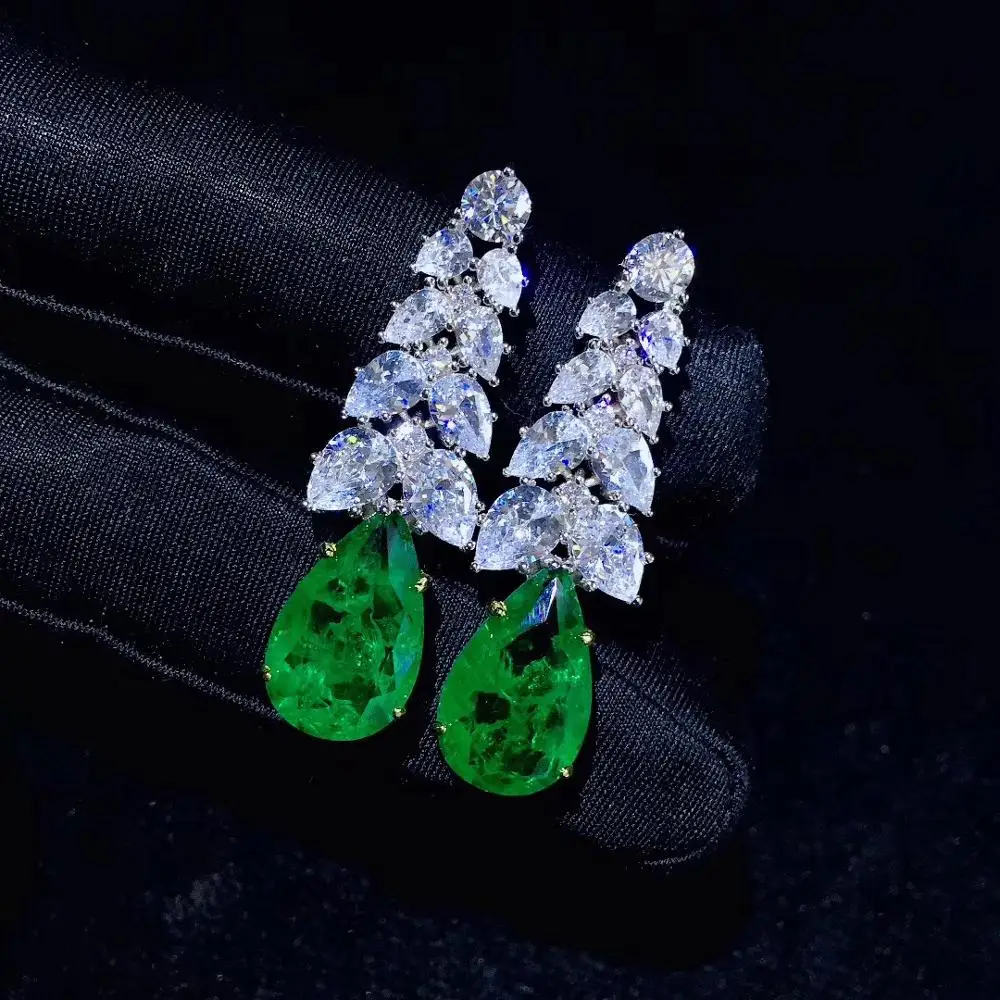 

green color tear drop shape cubic zircon drop earring 925 sterling silver with cubic zircon fine women jewelry for party