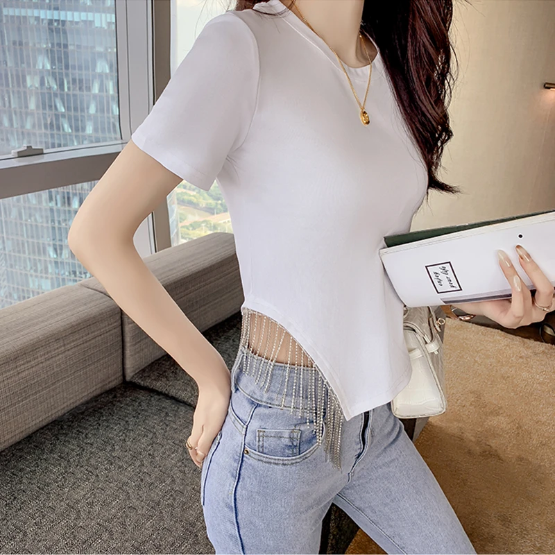 Crop Tops Cotton Tees Tassel T Shirt Women Clothes White Short Sleeve T-shirt Beading Summer Short Tops Black Y2K good quality