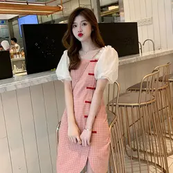 Spring and Summer Cheongsam Improved Dress Women Summer Thin Chinese Style Vintage Plaid Puff Sleeve Dress