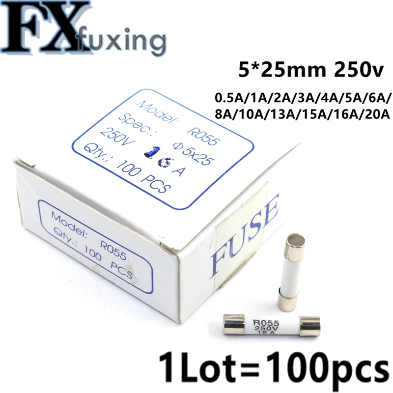 100Pcs RO55 5x25 mm Fuse Ceramics Safety Tube 0.5A 1A 2A 3A 4A 5A 6A 8A 10A 13A 15A 16A 20A Din Rail Terminal Block Fuse 5*25 Mm