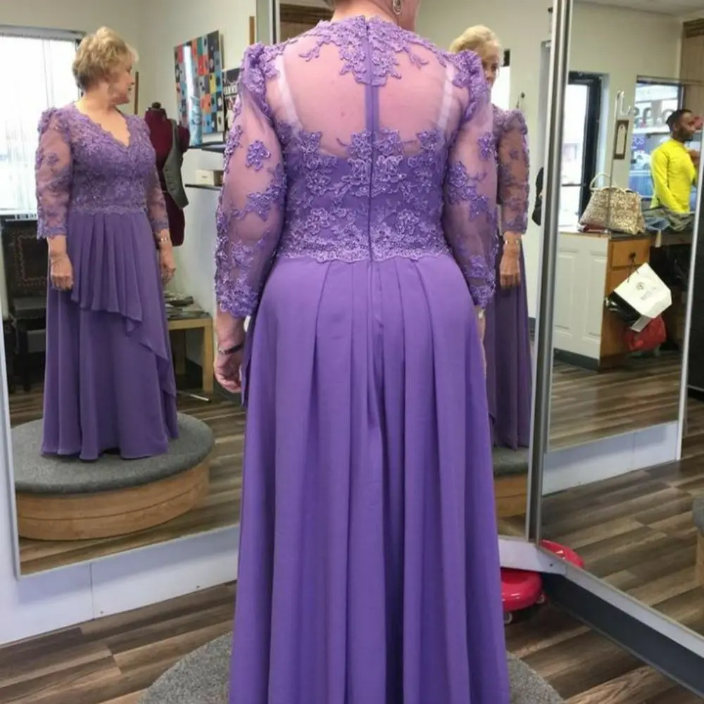 Vestido longo roxo com decote em v, para mãe de noivas, com mangas, zíper, comprimento do chão, festa de casamento, roupões femininos