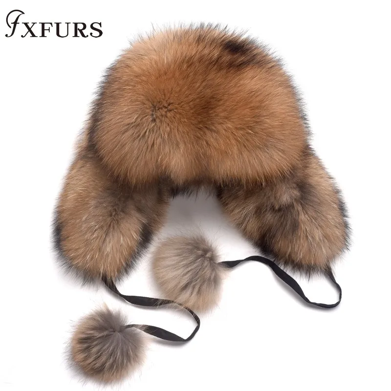 

2020 Women Genuine Fox Fur Hats Whole SKin Real Fur Caps Winter Warm Raccoon Russian Ushanka Hats Earmuffs Hats Ladies Snow Caps