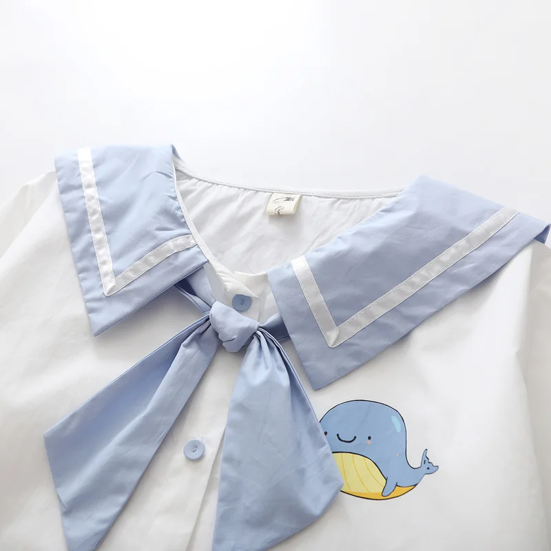 Vintage Sailor White Shirts Women Blouse Cute Bow Tie Front Kawaii Long Sleeve Top Girls Anime Cosplay Costume School JK Uniform