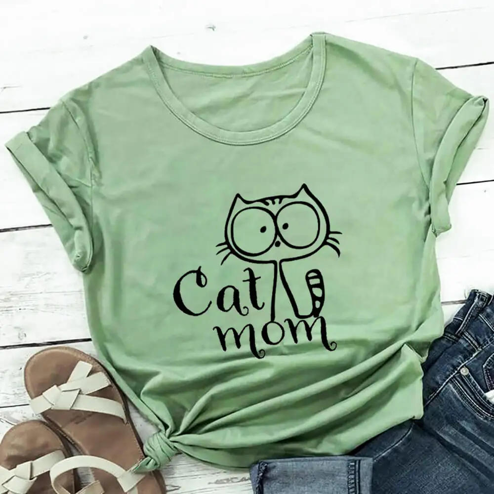 

Cat Mom Cute Cat Graphic Print 100%Cotton Women Tshirt Cat Mom Life Funny Summer Casual O-Neck Short Sleeve Tops Pet Lover Gift