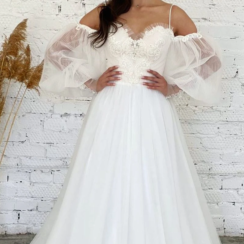 Vestido de noiva 2021, veste de casamento vintage em organza com manga longa, simples, barato