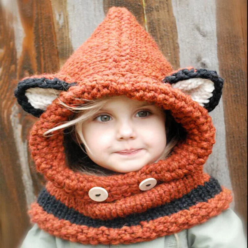 Winter Kids Fox Ears Handmade Beanie Hat Scarf Sets for 1~10 Year Old Children Girls Scarves Free Shipping