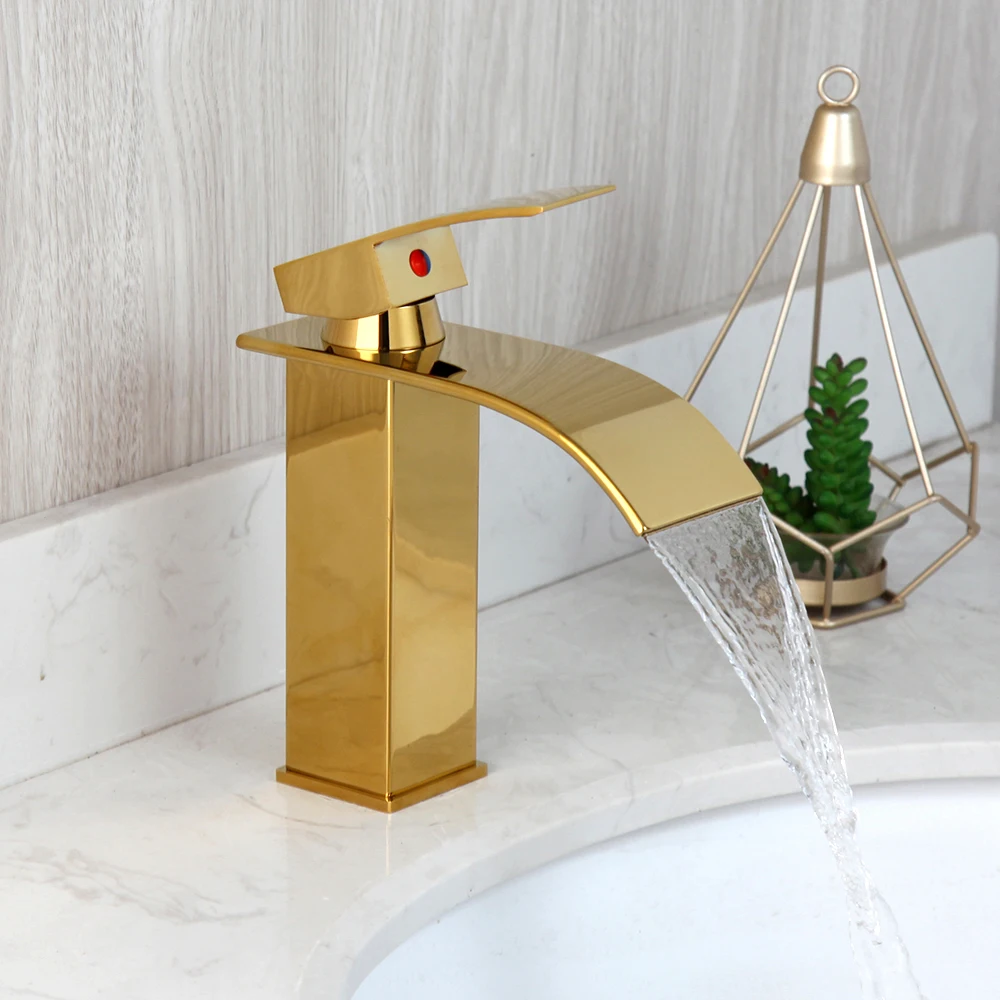 KEMAIDI Bathroom Faucet Solid Brass Basin Sink Mixer Polished Golden Faucets Tap Golden Plated Water Mixer  Hot Cold Water Tap