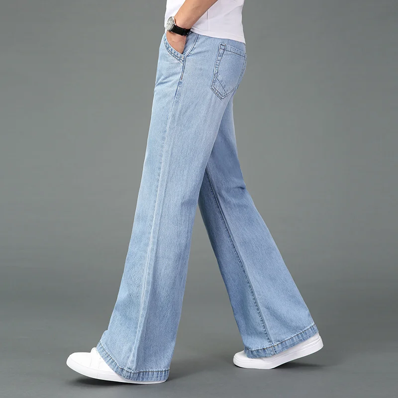 New Men's 2026 Summer Thin Light Weight Wide-Leg Straight Jeans Big Size Business Casual Flare Pants Black Blue