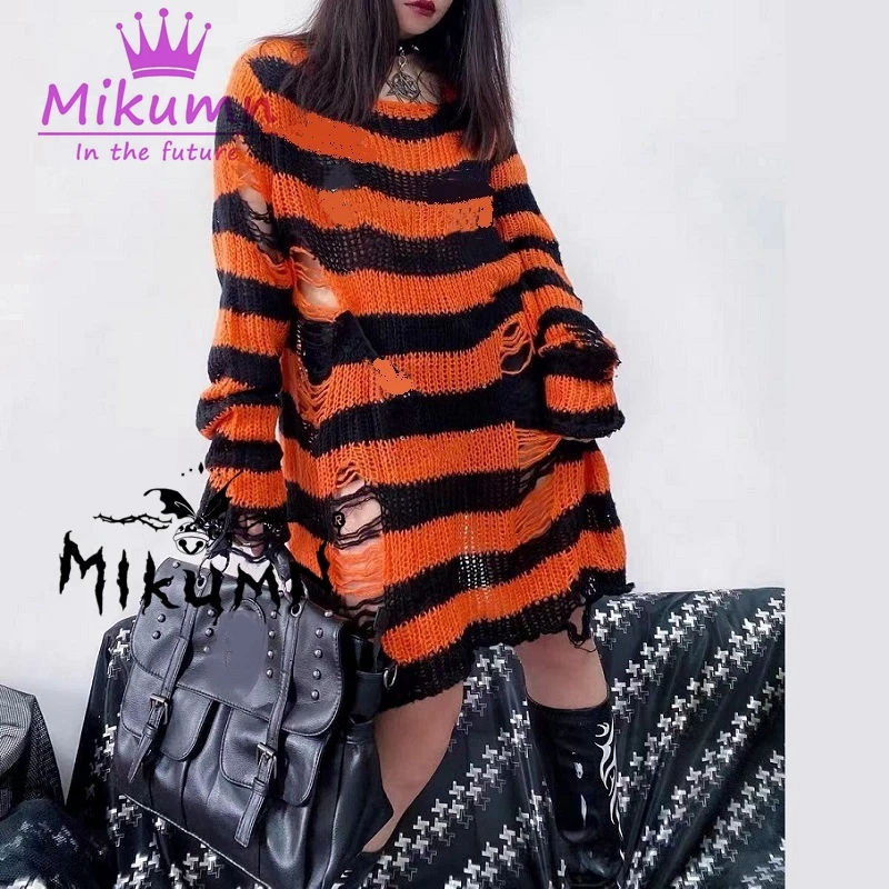 Gothic Grunge Striped Knitted Sweater Women Long Pullovers Loose Thin Punk Sweaters Jumpers Mujer Jersey Chic Streetwear