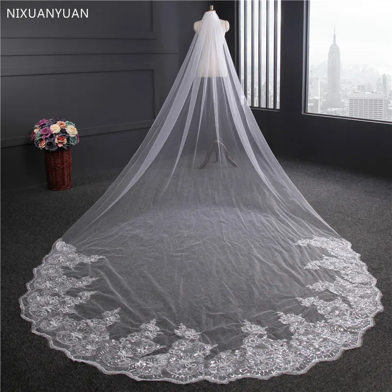 3 Meter Wit Ivoor Kathedraal Bruiloft Sluiers Lange Lace Edge Bridal Veil Met Kam Bruiloft Accessoires Bruid Veu Bruiloft Sluier