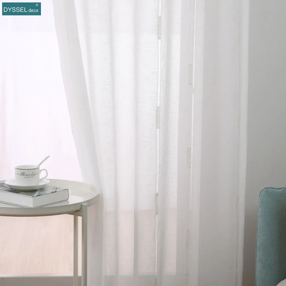 Modern Deco Linen Striped Home Offwhite Semi-Sheer European Style Window Tulle Kitchen Curtain for Livingroom Bedroom