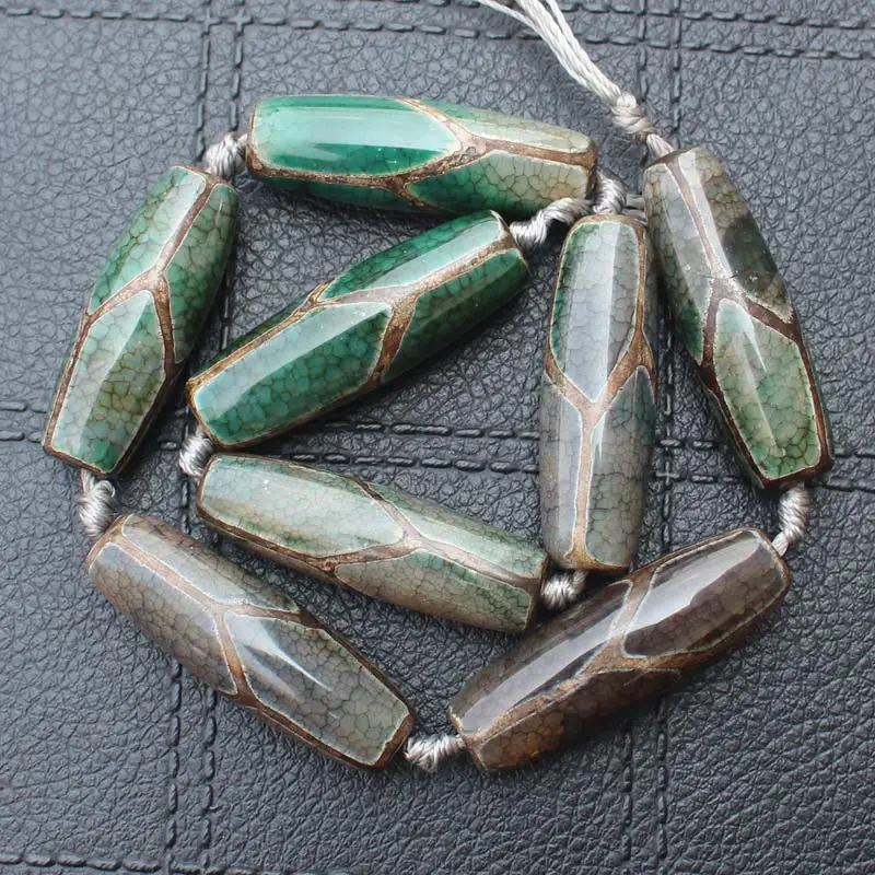 4pcs, Can pick different patters , Around 12-15X38-40mm Many patterns Crackle Green Dzi agatesBeads,Mixed wholesale !