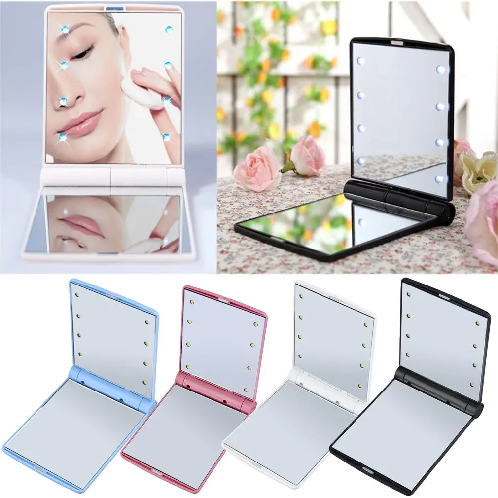 Lady Cosmetic Vanity Mirror Compact Folding Portable Pocket LED Make Up Mirror Gift 8 Built-in LED Lighting Bulbs