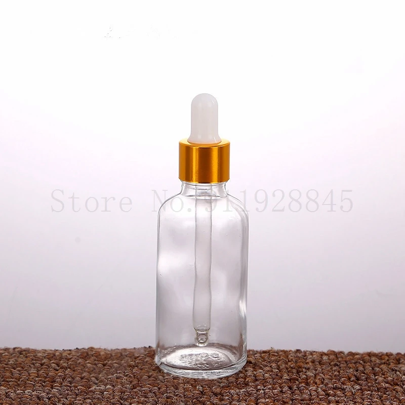 Botella de aceite refinado de vidrio redondo transparente de laboratorio con goteros de vidrio, círculo dorado para experimento escolar, 5ml a 50ml,