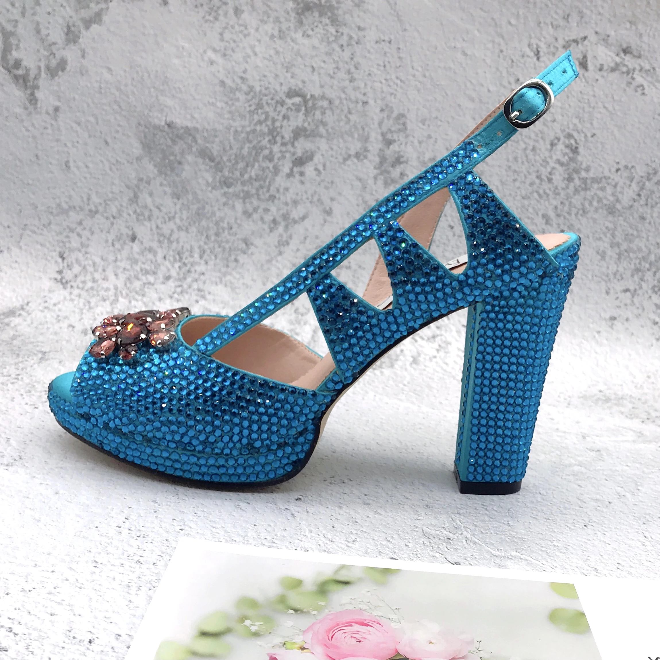 BS1262 Custom Made Women Shoes High Heel Dress Sandals Turquoise Winered Crystal African Women  Shoes With Bag Matching Set