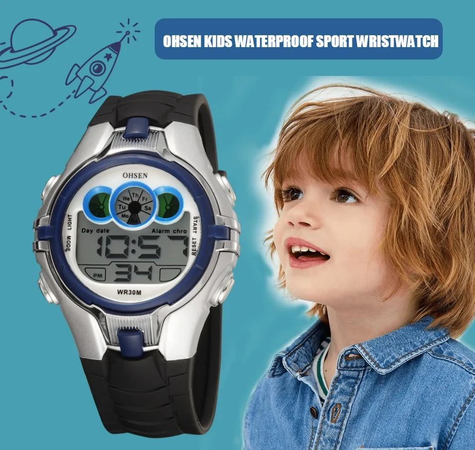 OHSEN – montre numérique pour enfants, chronomètre électronique de Sport, étanche 50M, horloge Orange LED, pour garçons et filles