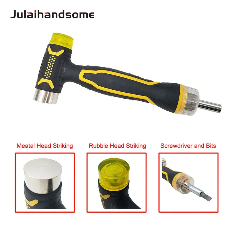 6 in 1 Multi-Hammer Rubber and Metal Double Face Mallet, with Soft Rubber  Hardness Metal Striking Tips ,with Screwdriver