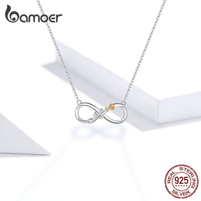 bamoer Authentic 925 Sterling Silver Rose Flower Infinity Love Short Neckalce for Women Choker Chain Luxury Bijoux SCN371