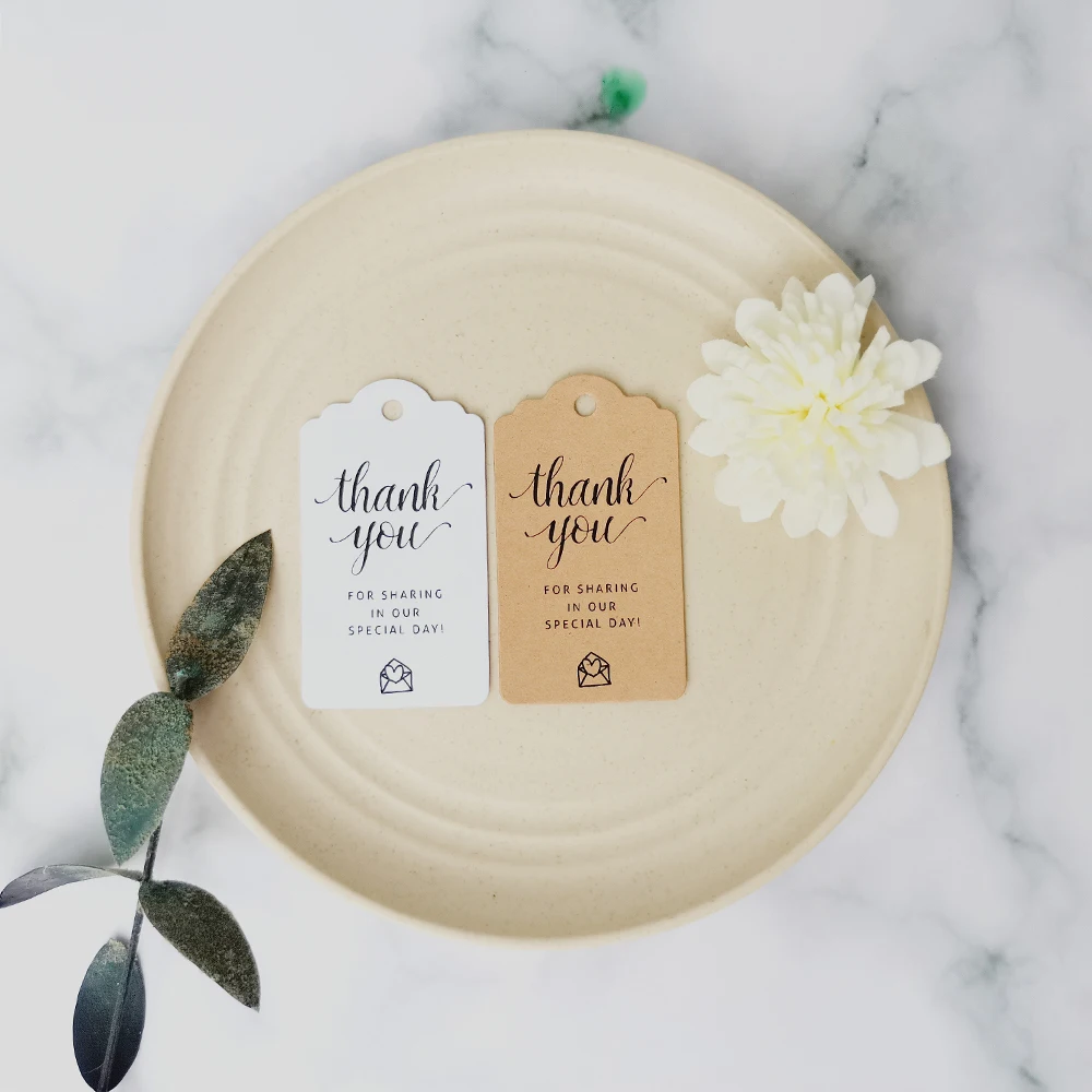 

JD23-100 Pcs 35x62mm White Kraft Label Thank You For Sharing In Our Special Day! Box Gift Key Candy Plant Tags Thank you Cards