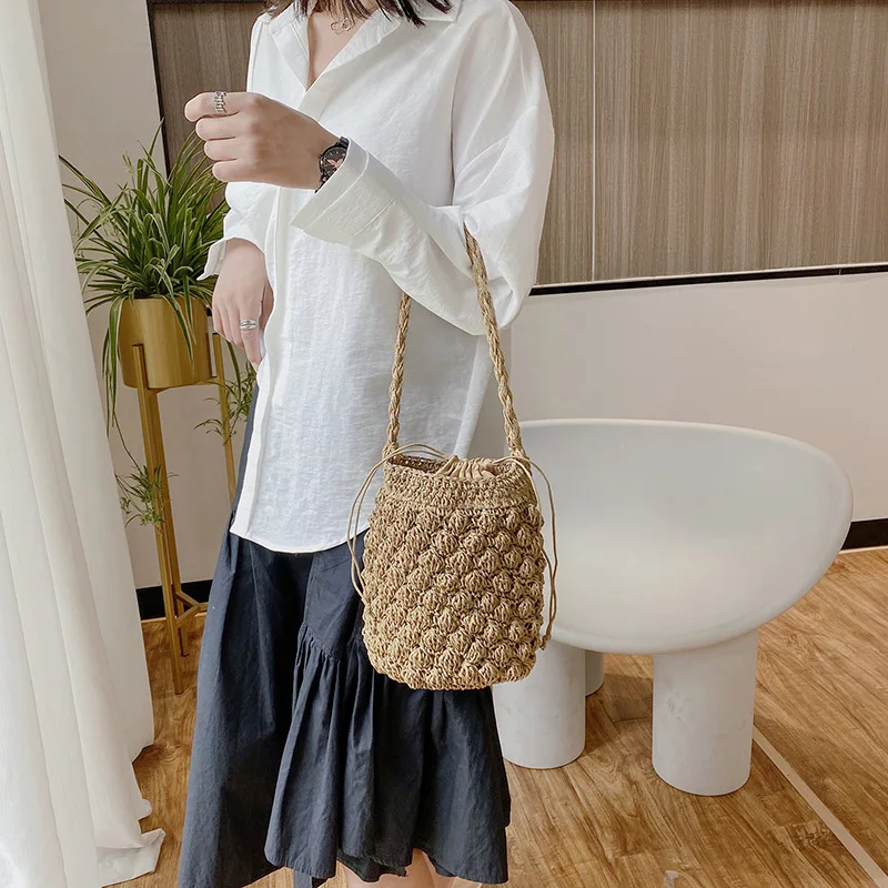 Yogodlns Sommer Stroh Umhängetasche Frauen Große Kapazität Rattan Eimer Tasche Handarbeit Gewebt Strand Tasche Mode Urlaub Handtasche Tote – Detail 9