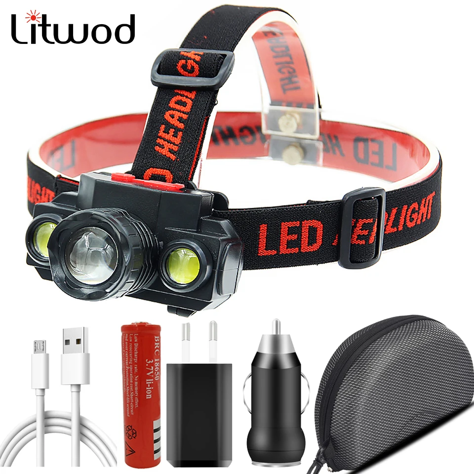 XP-E Q5 & COB Led Headlamp Use Rechargeable 18650 Battery Headlight Zoomable Lamp Torch Light for Camping Litwod