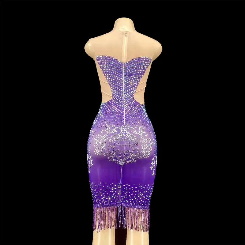 Silver Purple Rhinestone Fringe Short Dress Women's Prom Birthday Celebrate Wear Women Singer Dancer Show Dress