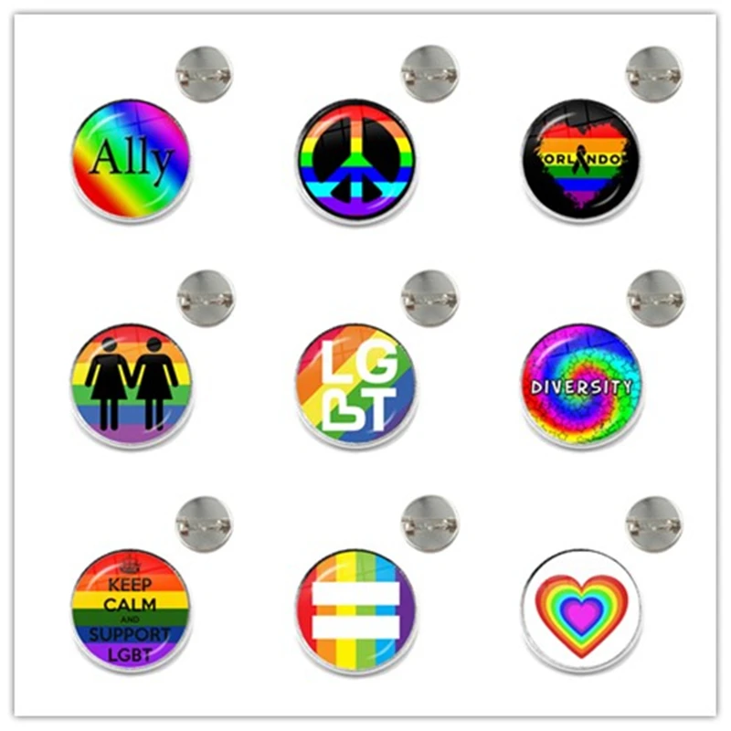 Bi Pride Brooches LGBT Hypoallergenic Gay Pride Collar Pins Jewelry Rainbow Flag 20mm Glass Cabochon Jewelry For Women Men Gift