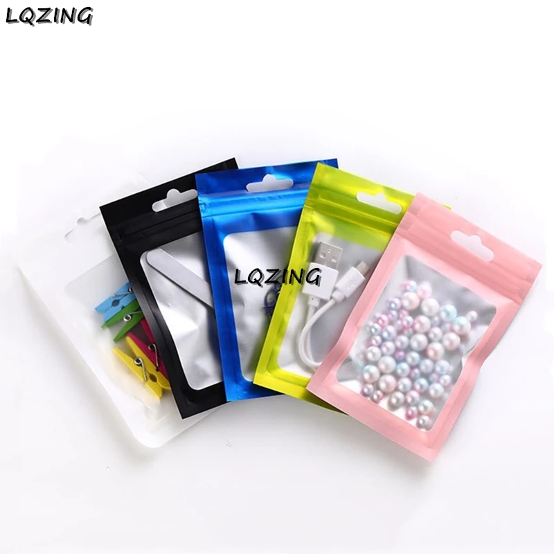 

50pcs Reusable Aluminium Foil Pouch Clear Window Boutique Makeup Display Package Small Smell Proof Bags With Hang Hook 7*10cm